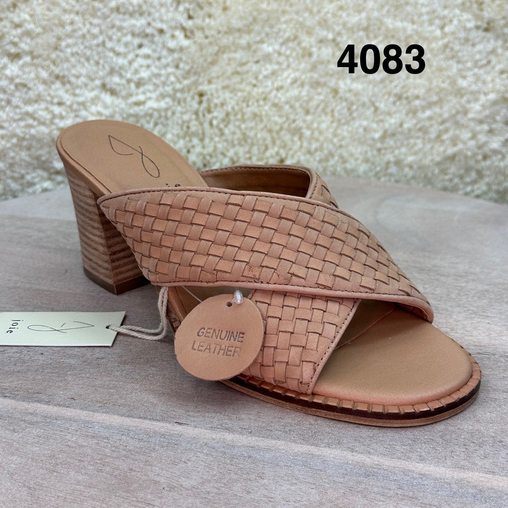 Joie Tan Woven Leather Criss Cross Block Heel Slide Sandals Mules Womens NEW